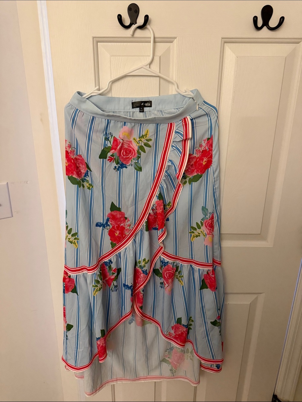 Floral Stripe High-Low Wrap Skirt in Light Blue